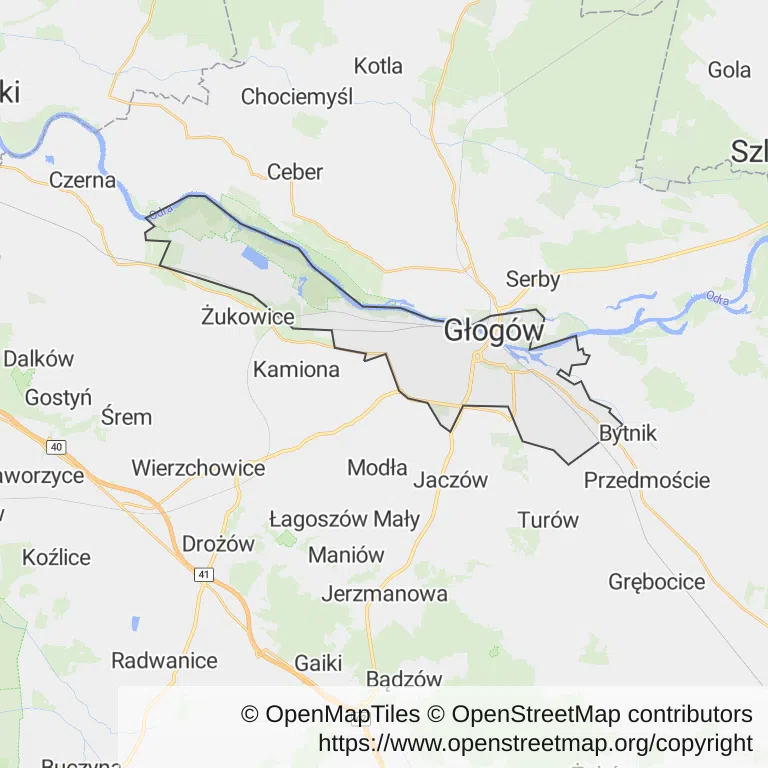 Mapa z zaznaczonym Głogowem
