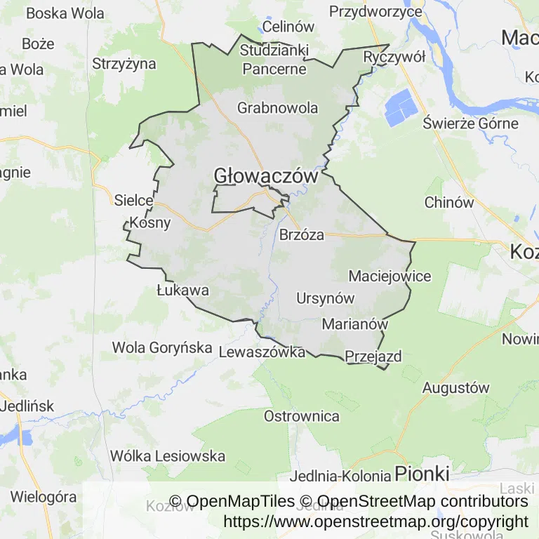 Mapa z zaznaczonym Głowaczowem