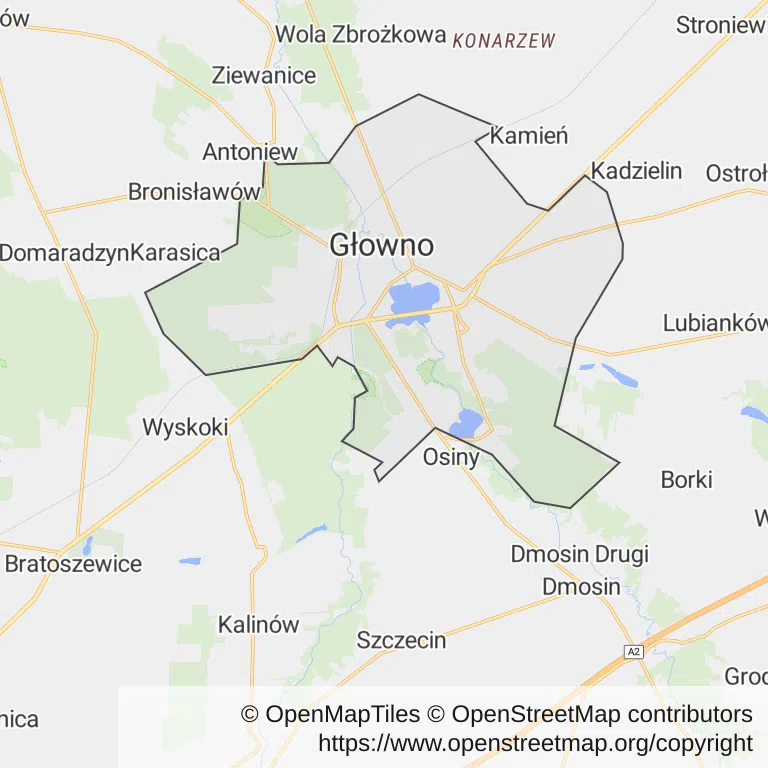 Mapa z zaznaczonym Głownem