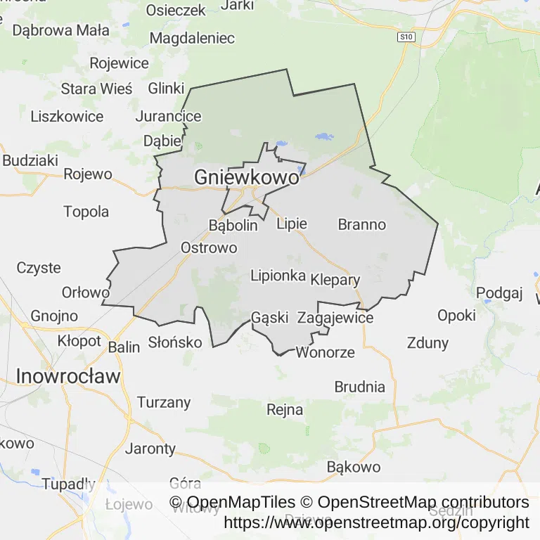 Mapa z zaznaczonym Gniewkowem