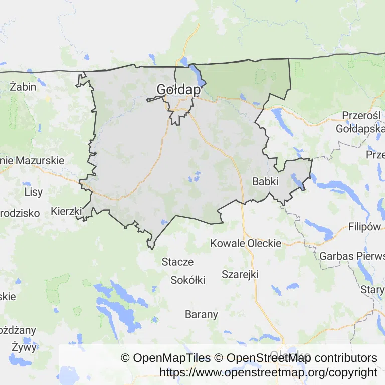 Mapa z zaznaczonym Gołdapi