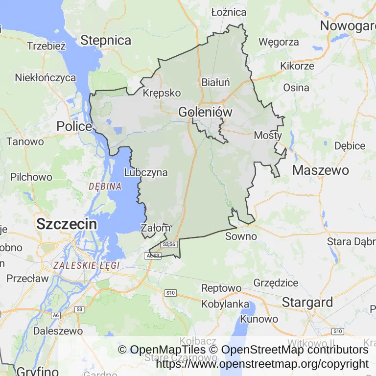 Mapa z zaznaczonym Goleniowem