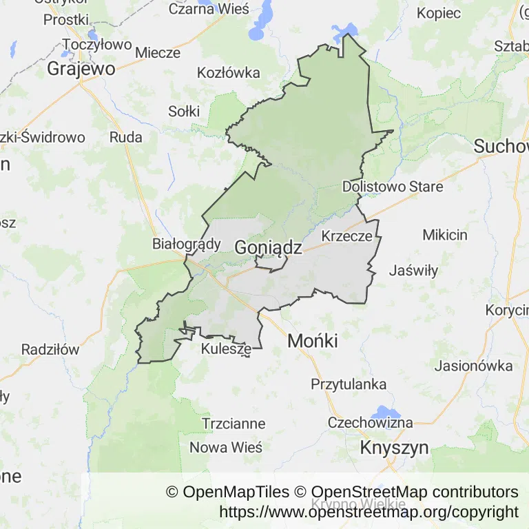 Mapa z zaznaczonym Goniądzem
