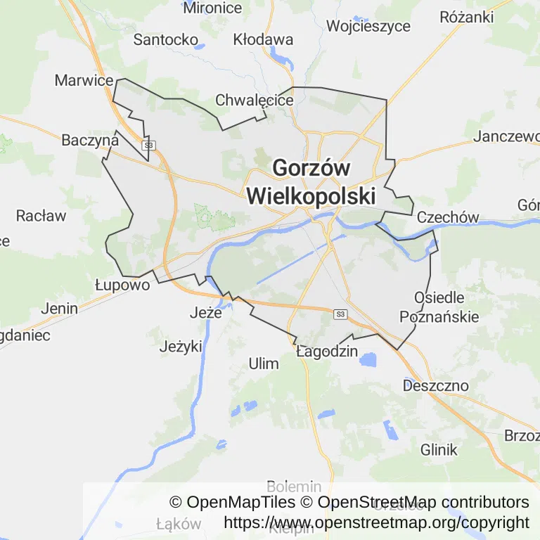 Mapa z zaznaczonym Gorzowie Wielkopolskim