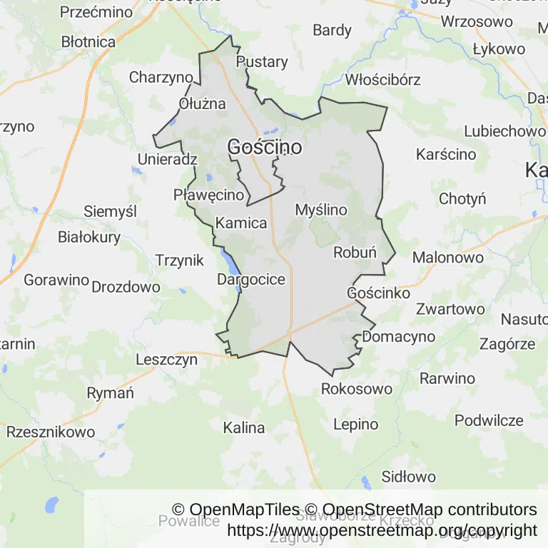 Mapa z zaznaczonym Gościnem