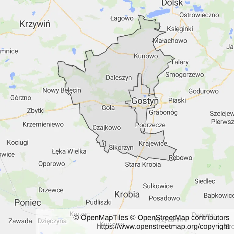 Mapa z zaznaczonym Gostyniu