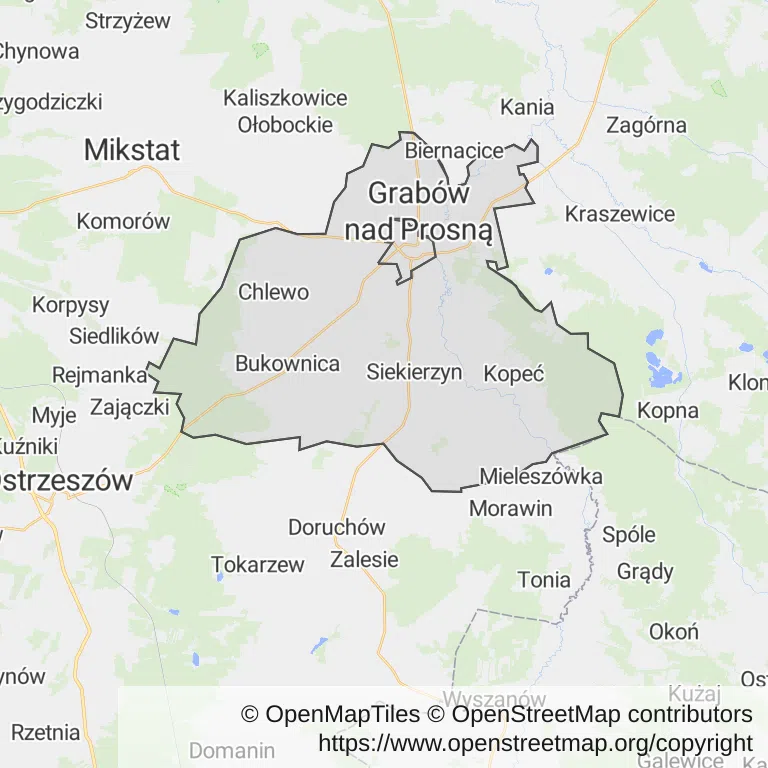 Mapa z zaznaczonym Grabowie nad Prosną
