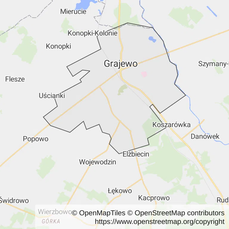 Mapa z zaznaczonym Grajewem