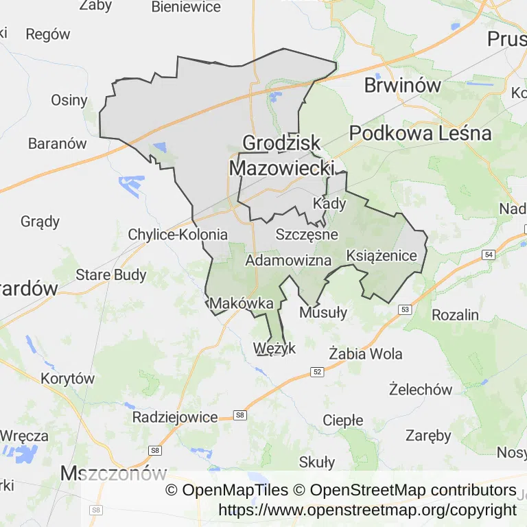 Mapa z zaznaczonym Grodzisku Mazowieckim