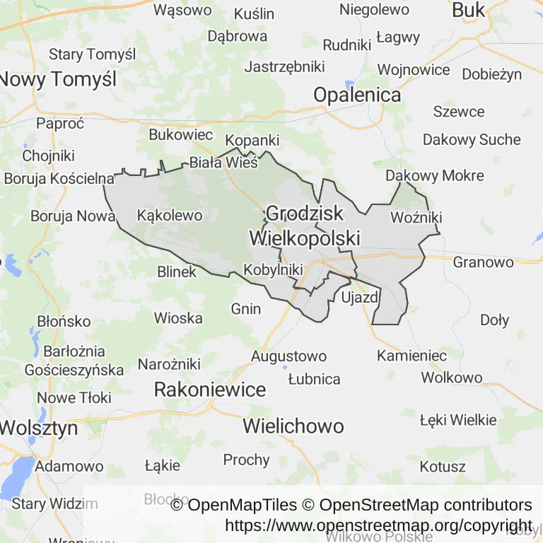 Mapa z zaznaczonym Grodzisku Wielkopolskim