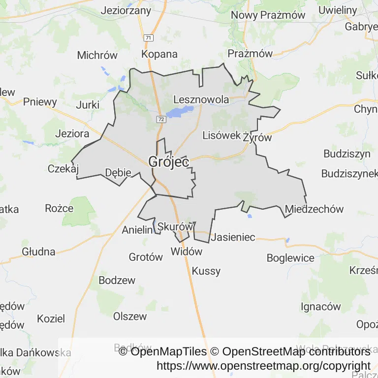 Mapa z zaznaczonym Grójcu