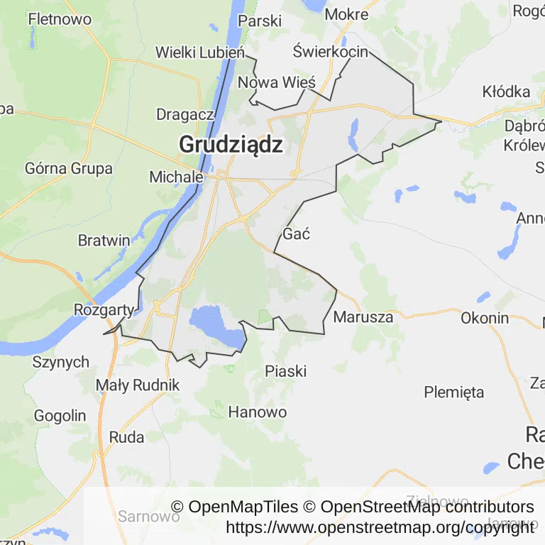 Mapa z zaznaczonym Grudziądzem