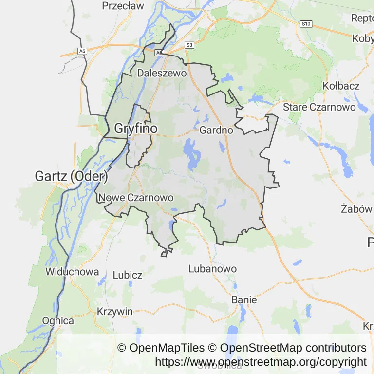 Mapa z zaznaczonym Gryfinem