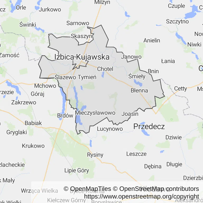 Mapa z zaznaczoną Izbicy Kujawskiej