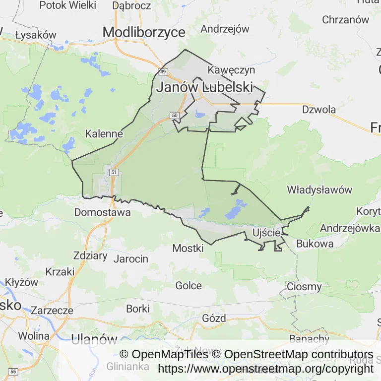 Mapa z zaznaczonym Janowie Lubelskim