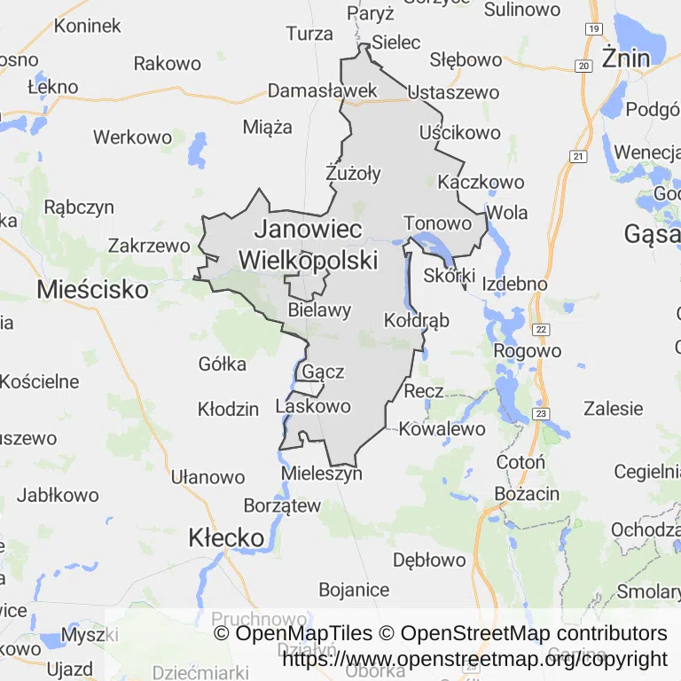 Mapa z zaznaczonym Janowcu Wielkopolskim
