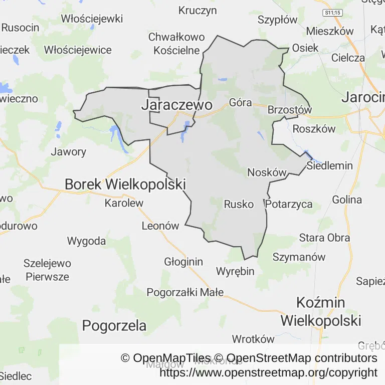 Mapa z zaznaczonym Jaraczewem