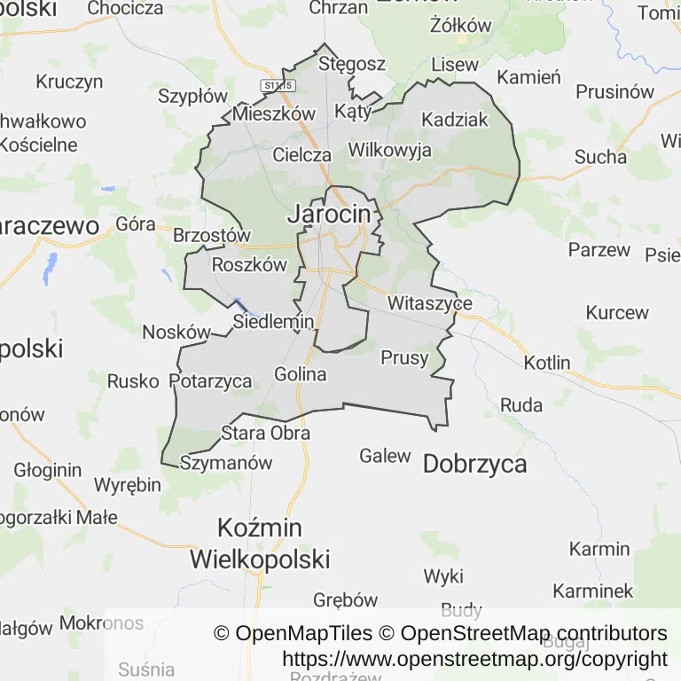 Mapa z zaznaczonym Jarocinem