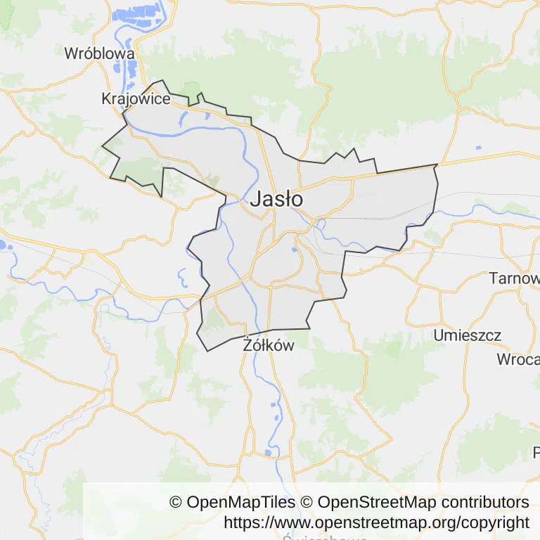Mapa z zaznaczonym Jaśle