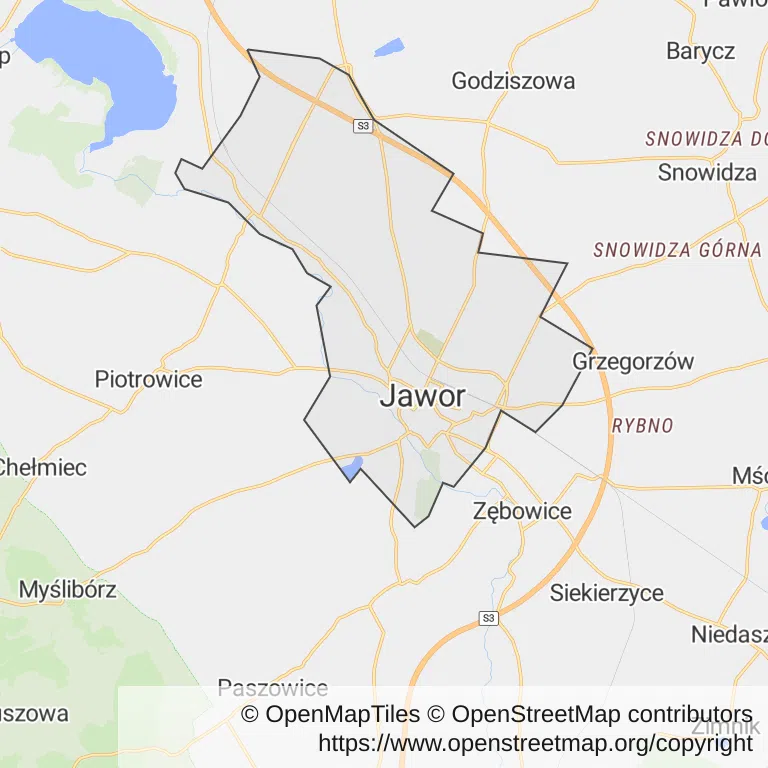 Mapa z zaznaczonym Jaworze