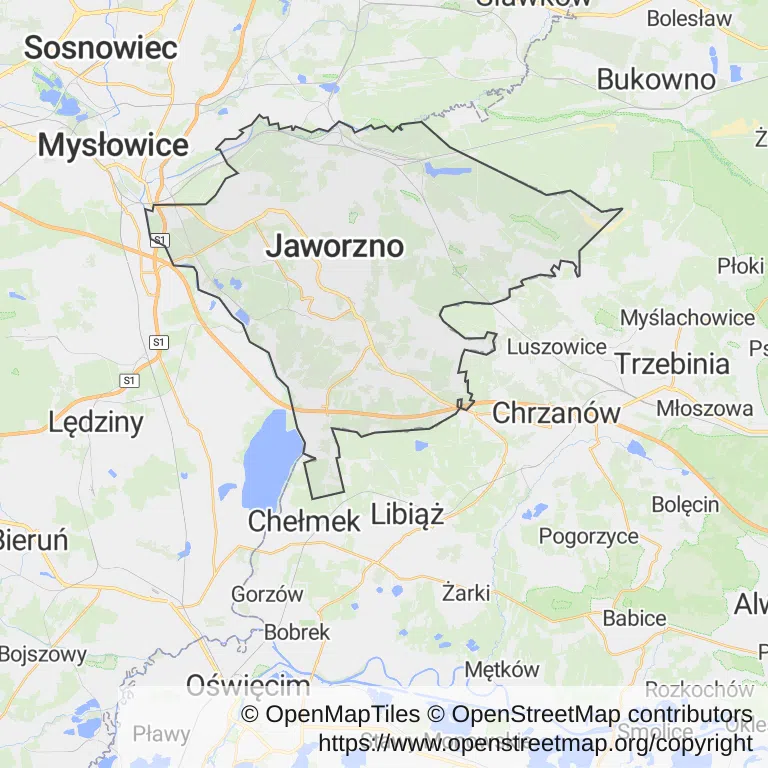 Mapa z zaznaczonym Jaworznem