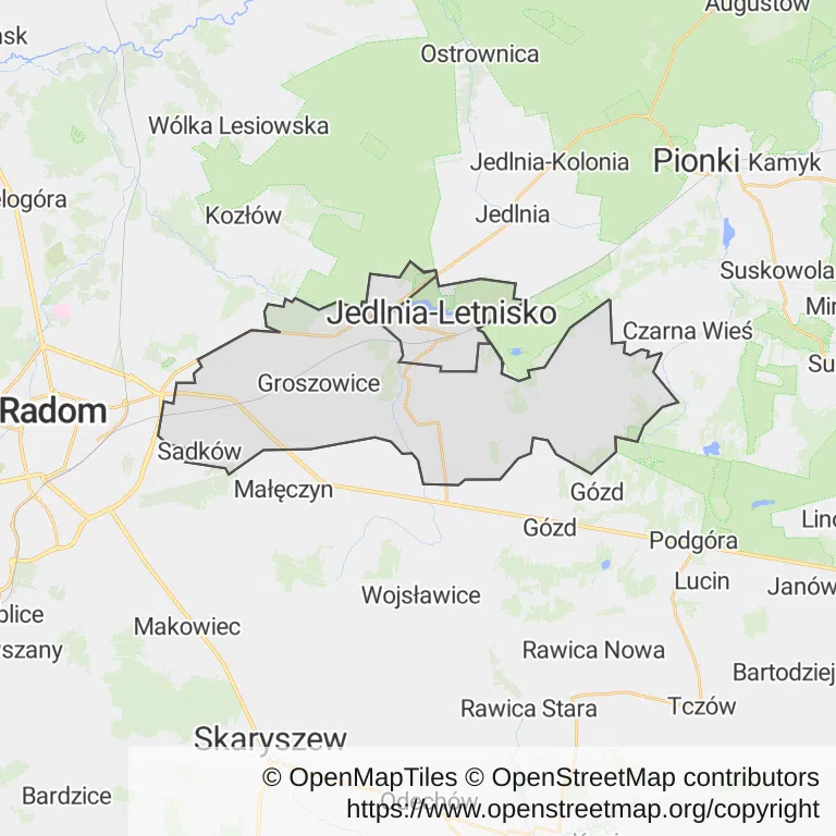 Mapa z zaznaczonym Jedlni-Letniskiem