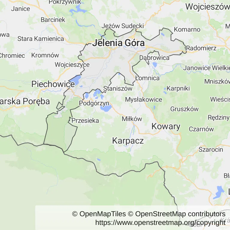Mapa z zaznaczoną Jeleniej Górze