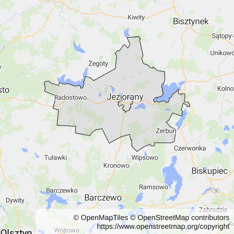 Mapa z zaznaczonym Jezioranami