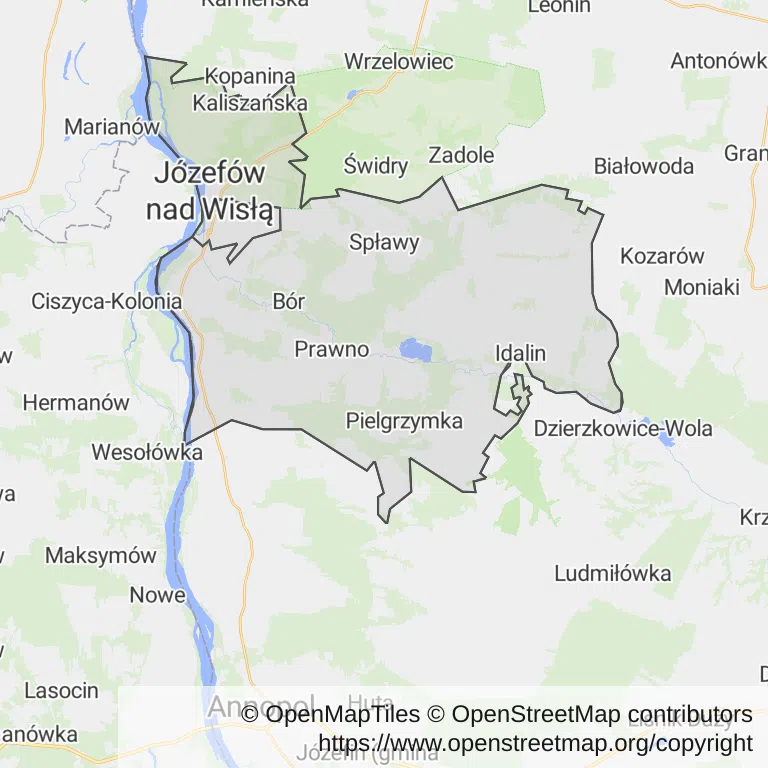 Mapa z zaznaczonym Józefowie nad Wisłą
