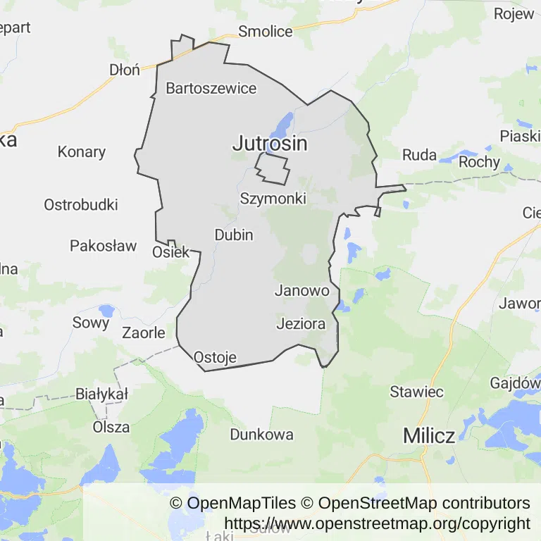 Mapa z zaznaczonym Jutrosinem