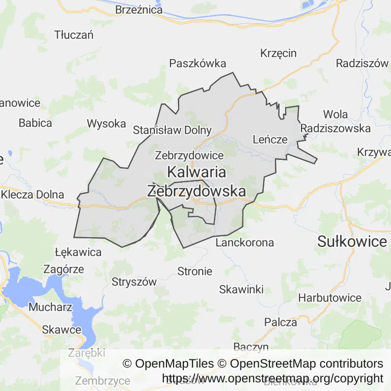 Mapa z zaznaczoną Kalwarii Zebrzydowskiej