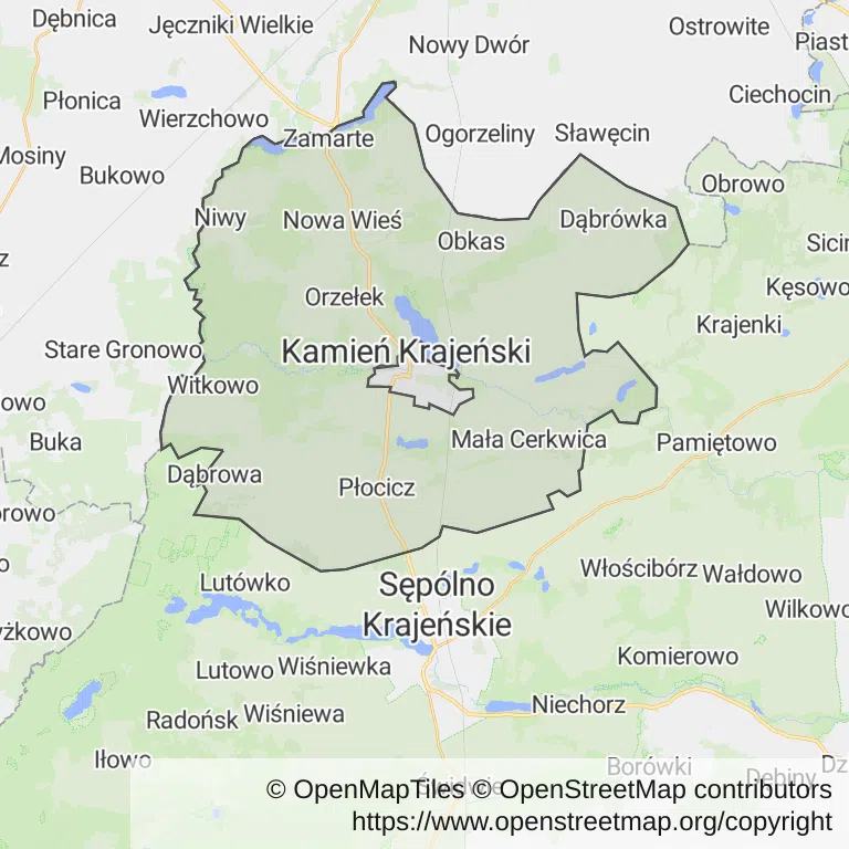 Mapa z zaznaczonym Kamieniu Krajeńskim