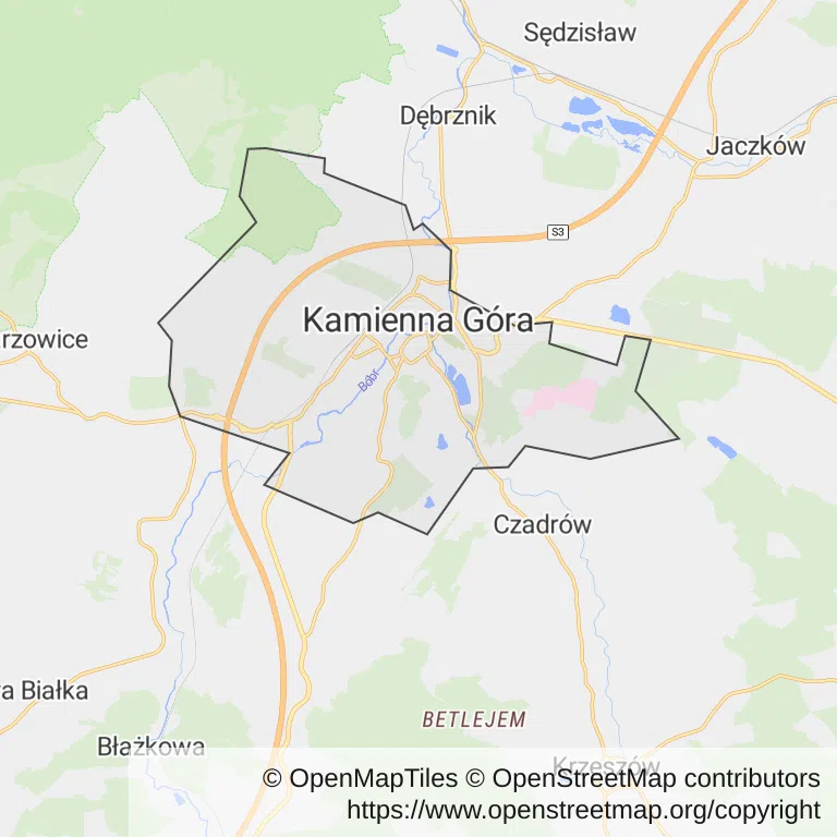 Mapa z zaznaczoną Kamiennej Górze