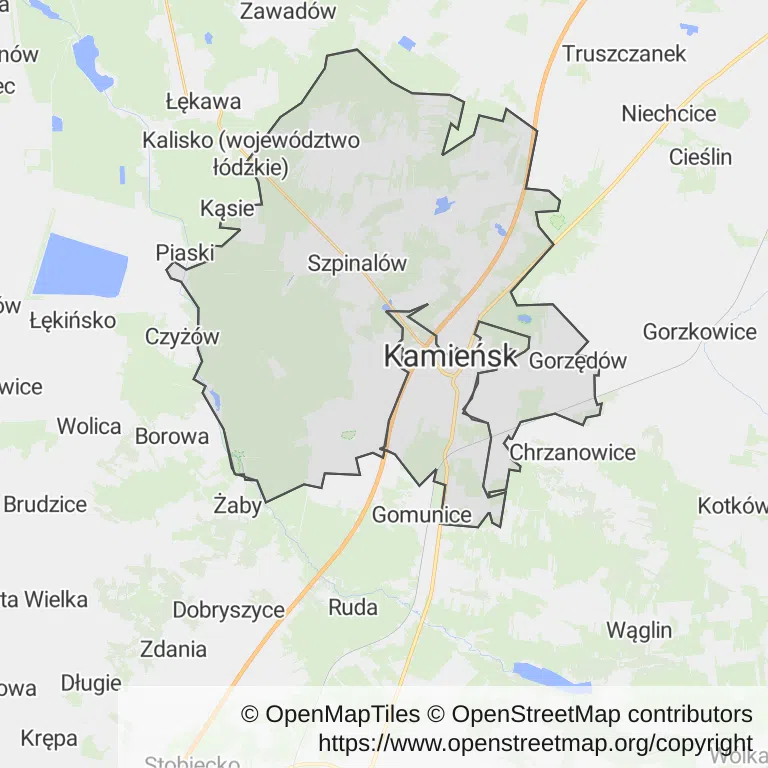 Mapa z zaznaczonym Kamieńskiem
