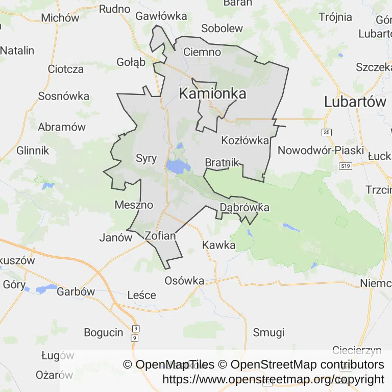 Mapa z zaznaczoną Kamionką