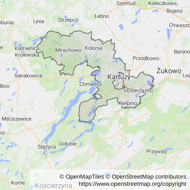 Mapa z zaznaczonym Kartuzami