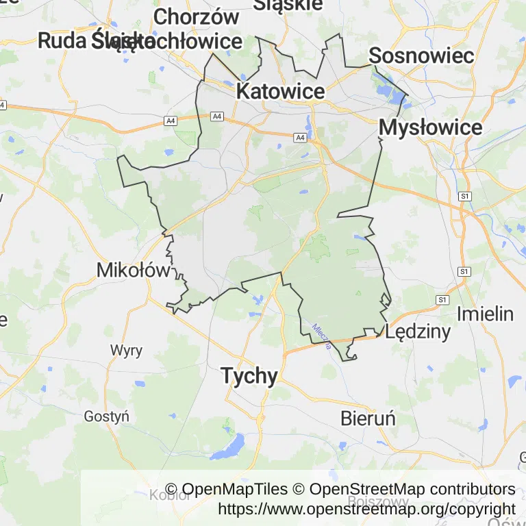 Mapa z zaznaczonymi Katowicami