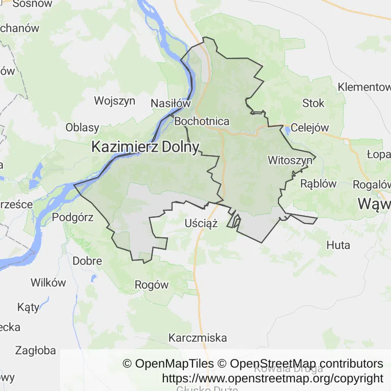 Mapa z zaznaczonym Kazimierzu Dolnym