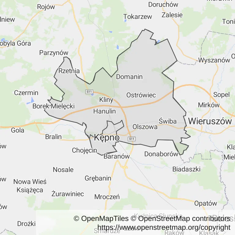 Mapa z zaznaczonym Kępnem