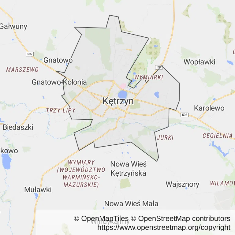 Mapa z zaznaczonym Kętrzynem