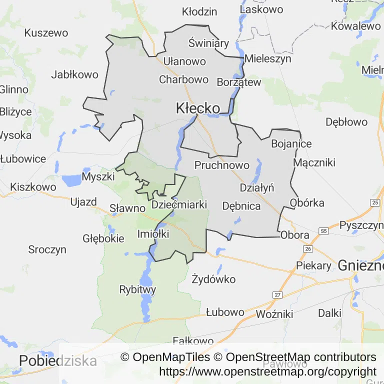 Mapa z zaznaczonym Kłeckiem