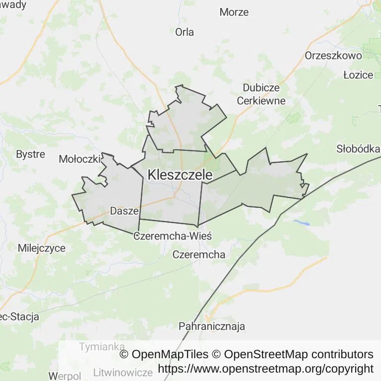 Mapa z zaznaczonym Kleszczelami