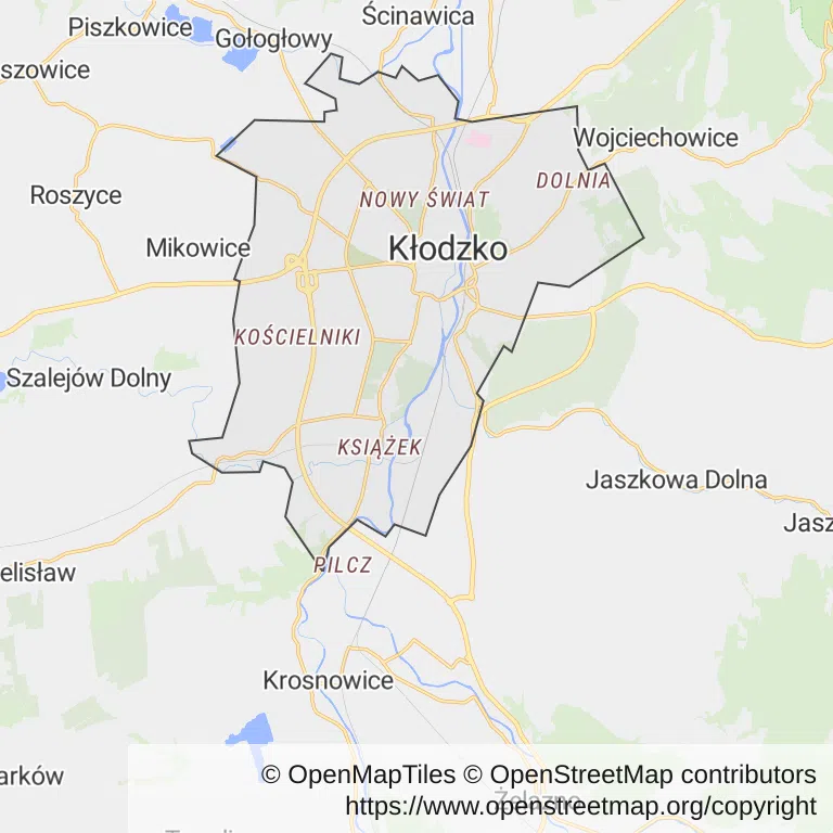 Mapa z zaznaczonym Kłodzkiem