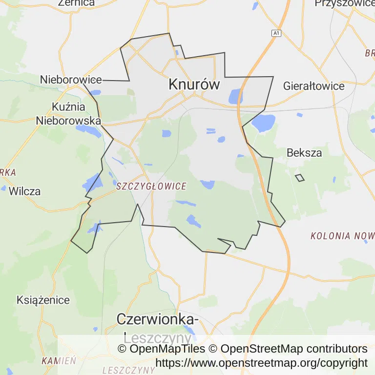Mapa z zaznaczonym Knurowem
