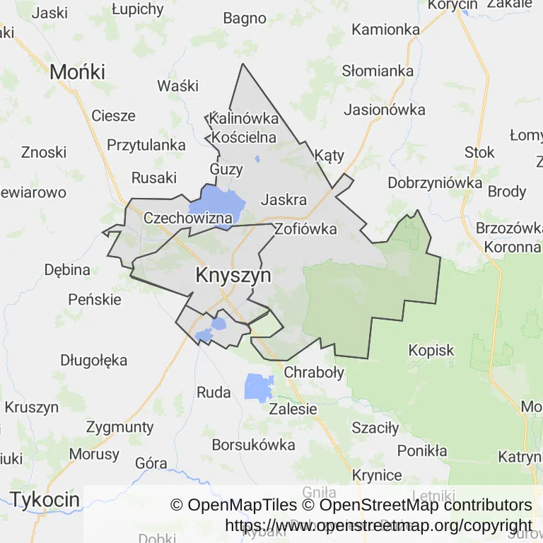 Mapa z zaznaczonym Knyszynem