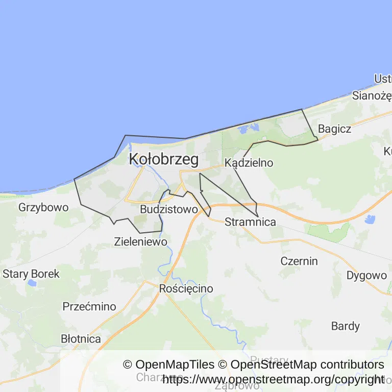 Mapa z zaznaczonym Kołobrzegiem