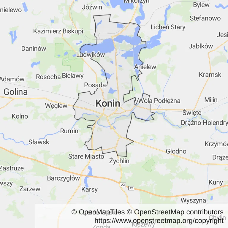 Mapa z zaznaczonym Koninem