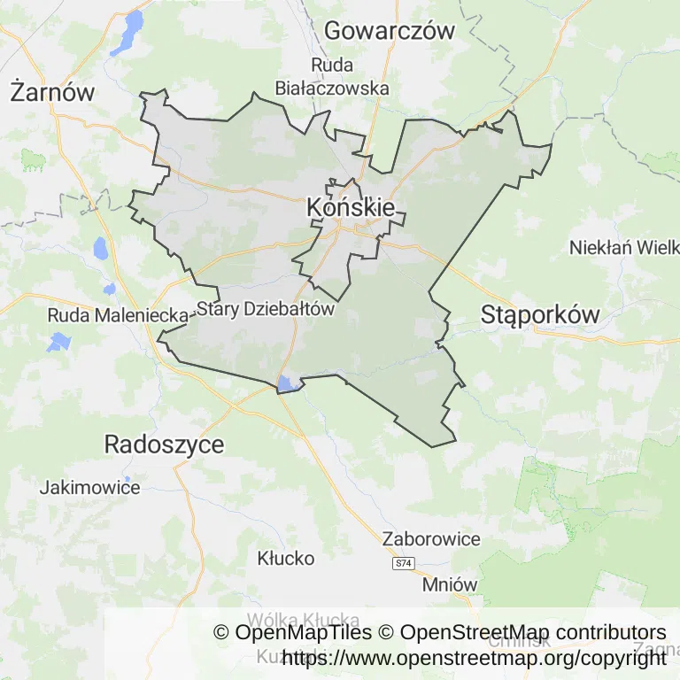 Mapa z zaznaczonym Końskich