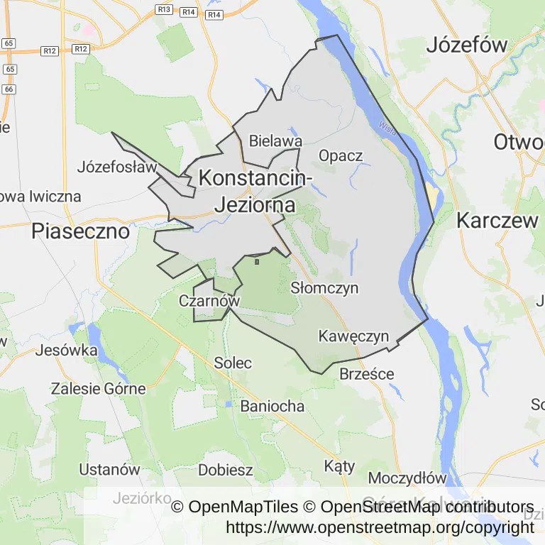 Mapa z zaznaczoną Konstancinie-Jeziornem