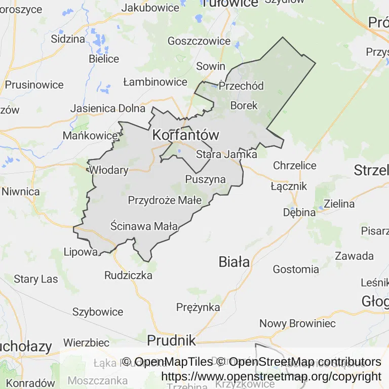 Mapa z zaznaczonym Korfantowem